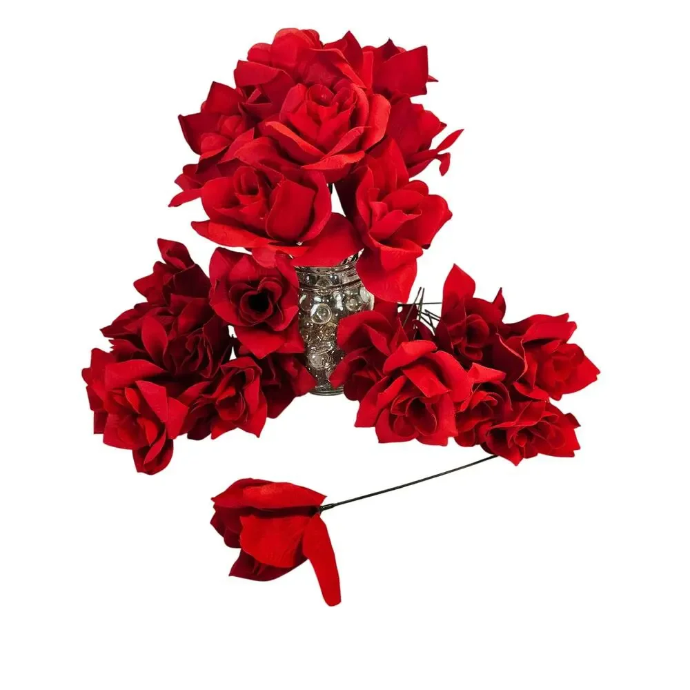 Red Artificial Silk Rose Flowers Wired Stems Wedding Craft 3